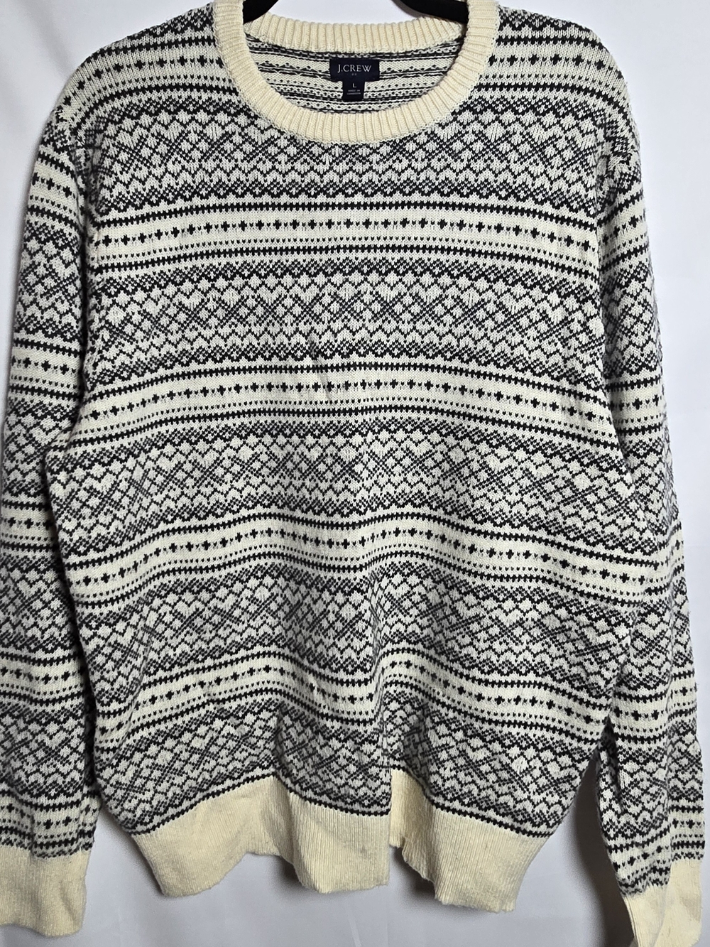 J. Crew Factory Lambswool Blend Cream & Black Fair Isle Crewneck Sweater, Sz L